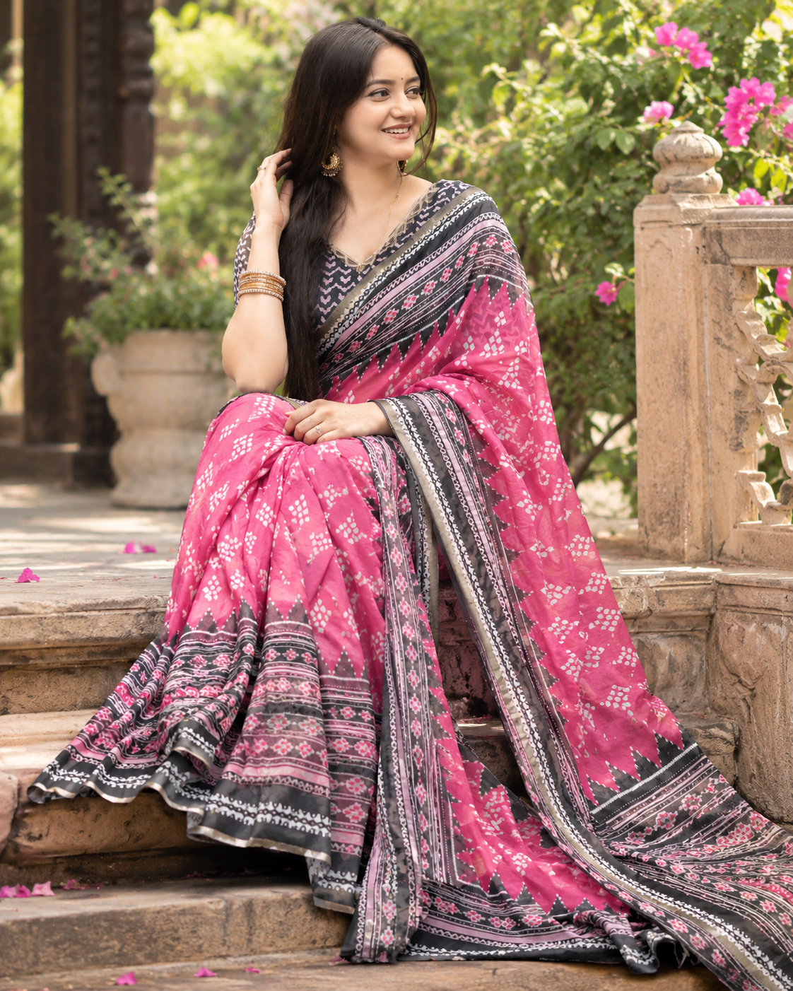 Rani Pink Geometric Ikat Temple Saree