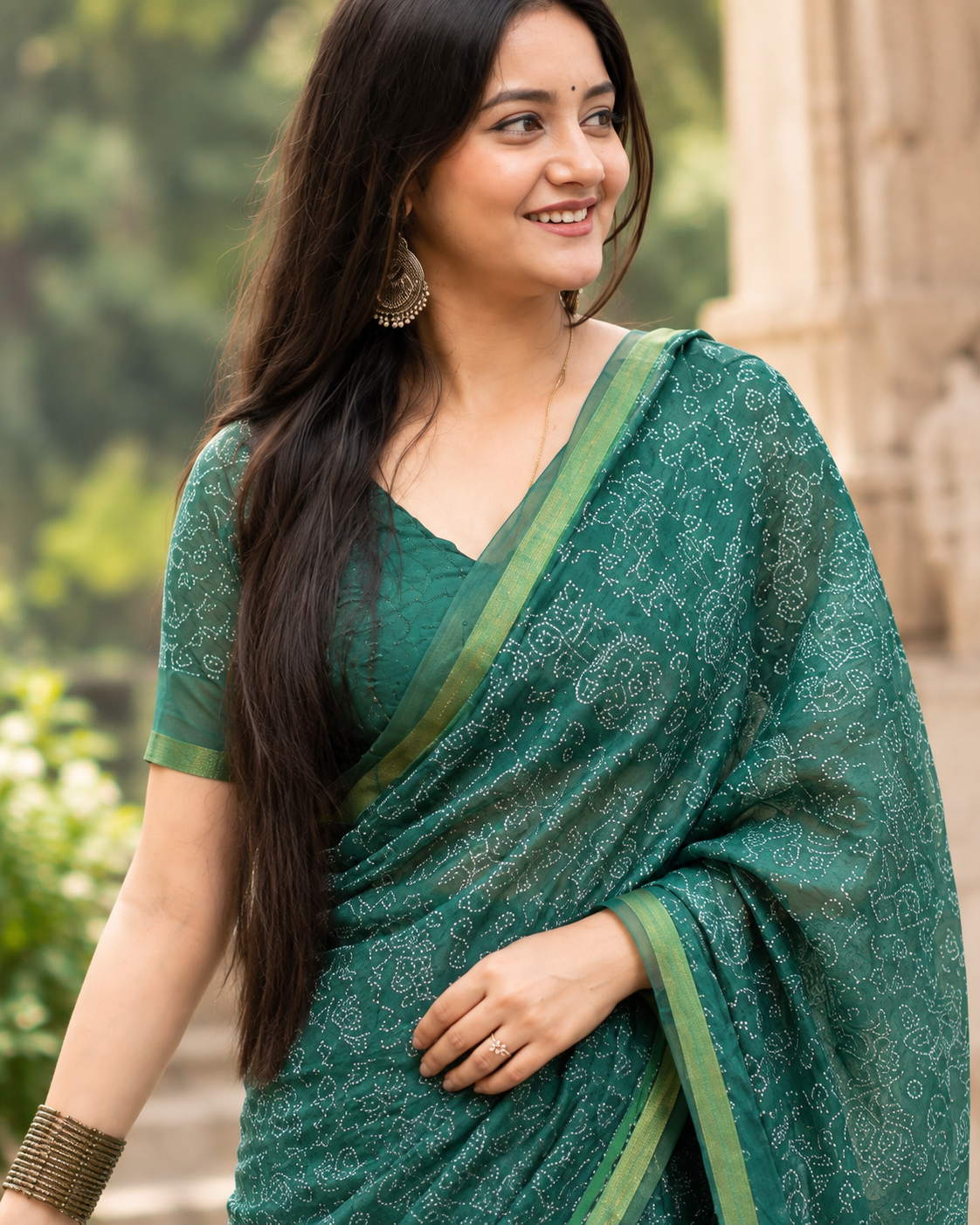 Bottle Green Intricate Bandhani Jaal Saree