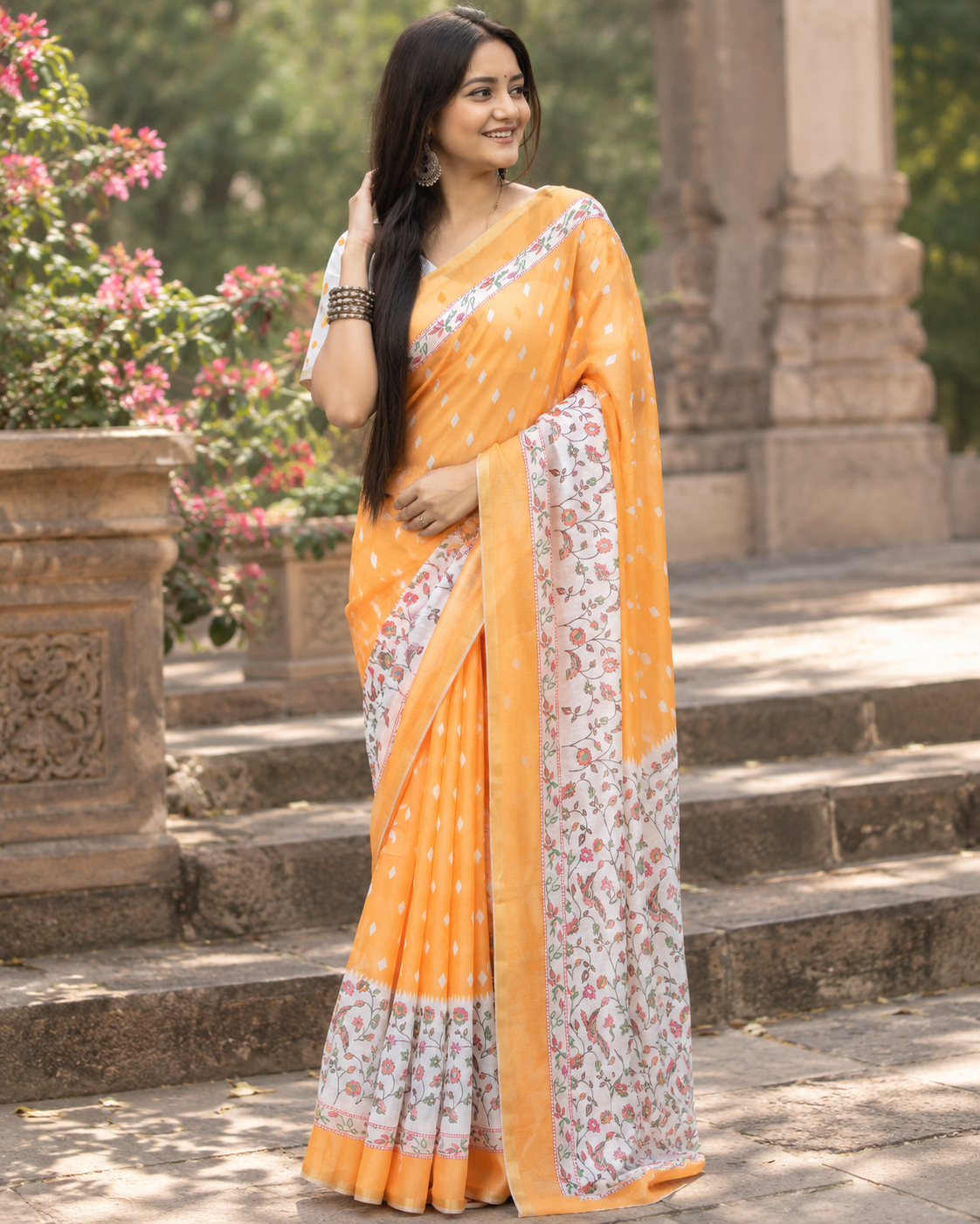 Mango Yellow Kalamkari Floral Trail Saree