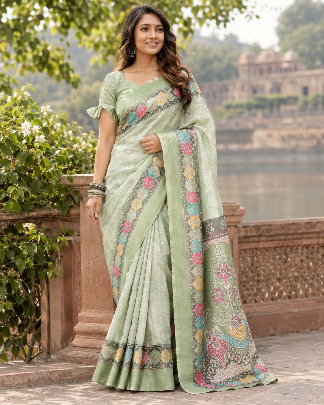 Pistachio Green Mosaic Lotus Arch Saree