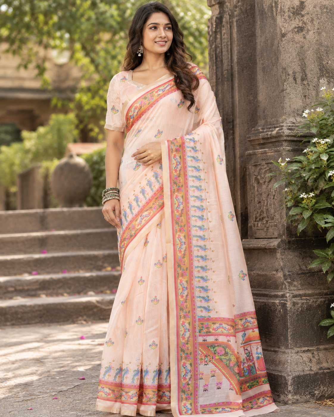 Pastel Peach Pichwai Shrinathji Saree